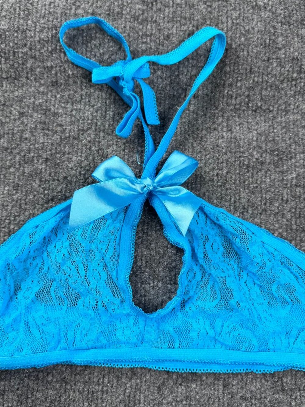 Lingerie Floral Lace Halter Top Keyhole Bow Tie Neck Blue No sz tag Msmts S/M